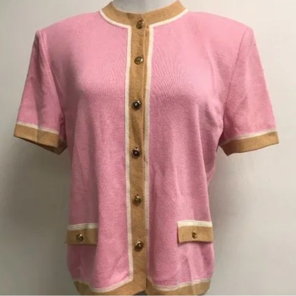 Pink and Tan Button-Up Cardigan - short-sleeved by St John for Marie Gray
